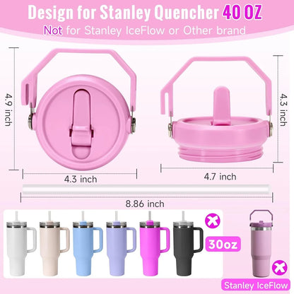 Flip Straw Lid For 40oz Stanley Tumbler Leakproof Portable Handle Lid Exact Color Detachable Flip Straw With Brush&Removal Tool