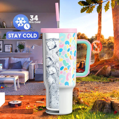 Meoky 40oz Cup Tumbler with Handle Straw Stainless Steel Multi-Prints Coffee Cup Travel Water Bottle Leak-Proof Car Mug Gifts