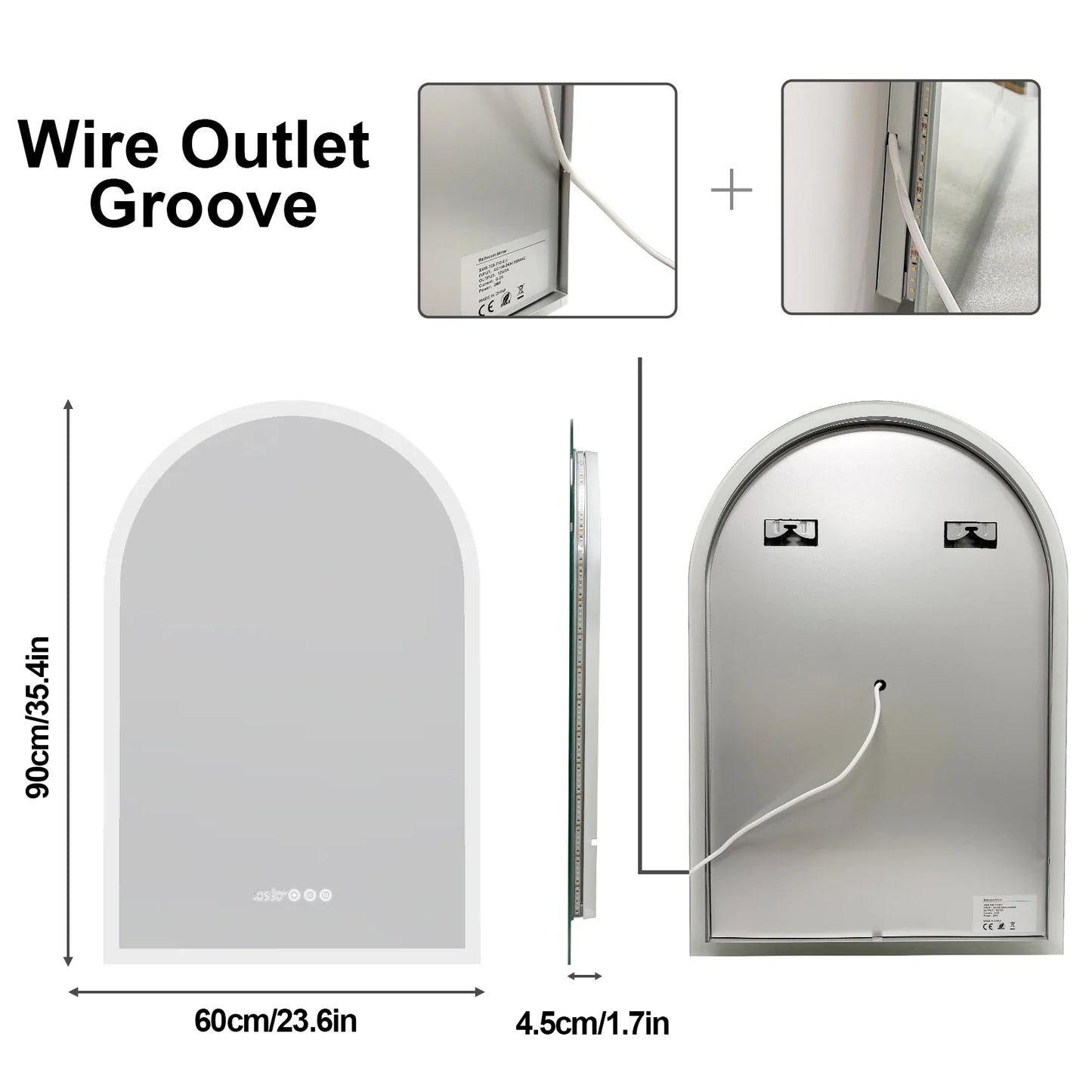 60x90CM Vertical Arch-Shape LED Bathroom Mirror Backlit Frameless Lighted Antifog Mirror Time Temperature Display