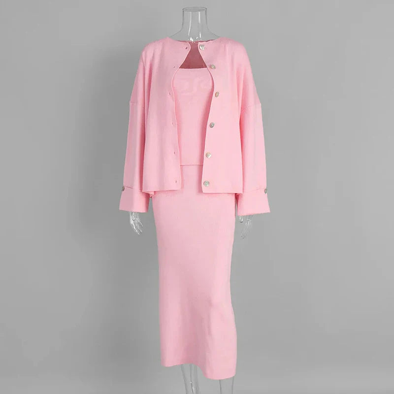Women's Fashion Three Piece Set Solid Knitted Vest Long Sleeve Single Breasted Coat Chic Maxi Skirt Outfit Winter Casual Dress