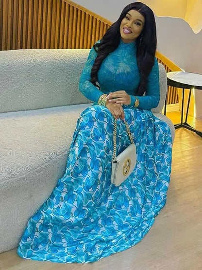 Women Autumn Light Blue Long Sleeve Dress Slim Waist Mid-turtleneck Chic Elegant Evening Wear