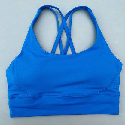 Solid Color Soft Cross Back Women Fitness Bra Tights Yoga Vest High Strength Shockproof Gym Sports Top Push Up With Chest Pad