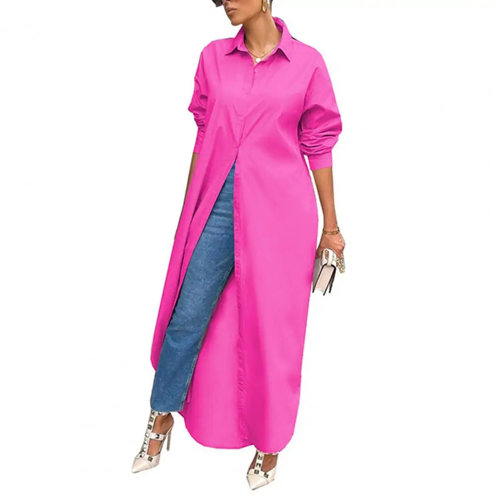 Women Shirt Windproof Shirt Dress Versatile Hem Stylish Autumn Winter Solid
