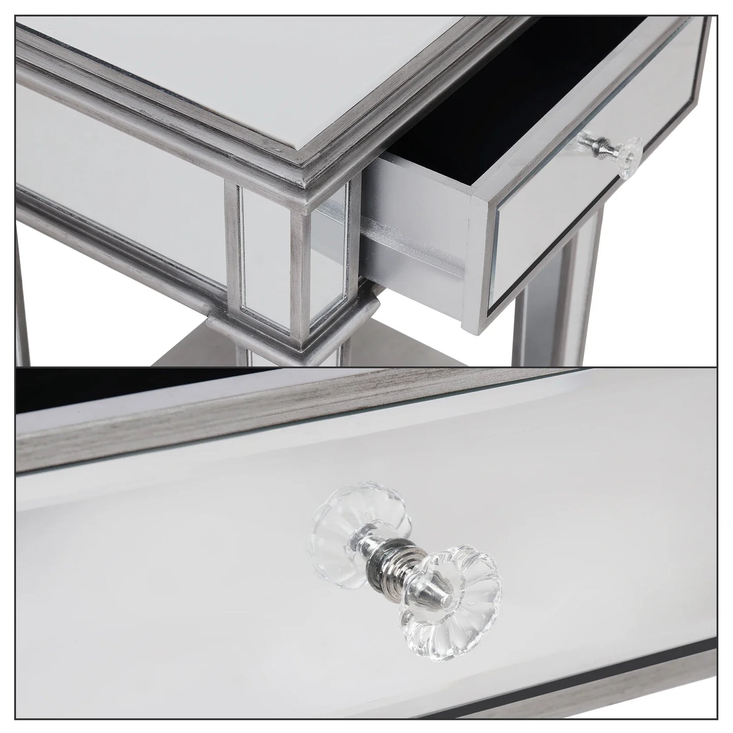 Silver Mirrored End Table for Living Room Bedroom, 2 Tier, Sofa Side, Bedside Cabinet, Nightstand Desk with Drawer