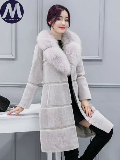 Women's Elegant Imitation Faux Fur Collar Warm Coat Fashion Plush V-Neck Button Detail