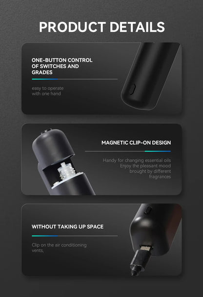 Car Aroma Diffuser Mini USB Rechargeable Scent Machine Fragrance Oil Car Air Freshener Essential Oil Diffuser Vent Clip