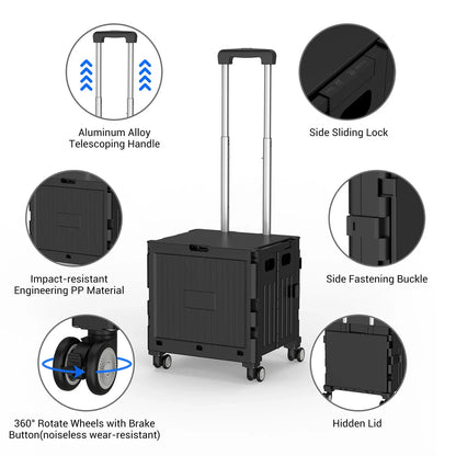 Foldable Utility Cart Mobile Folding Cart with Lid 360°Rotate Large Capacity Portable Shopping Hand Trolley for Travel Camping
