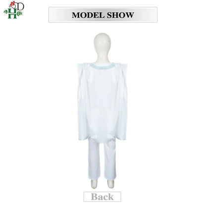 Boys White Blue Long Sleeve Tops Embroidery Dashiki Robe Shirt And Pant Set 3 PCS