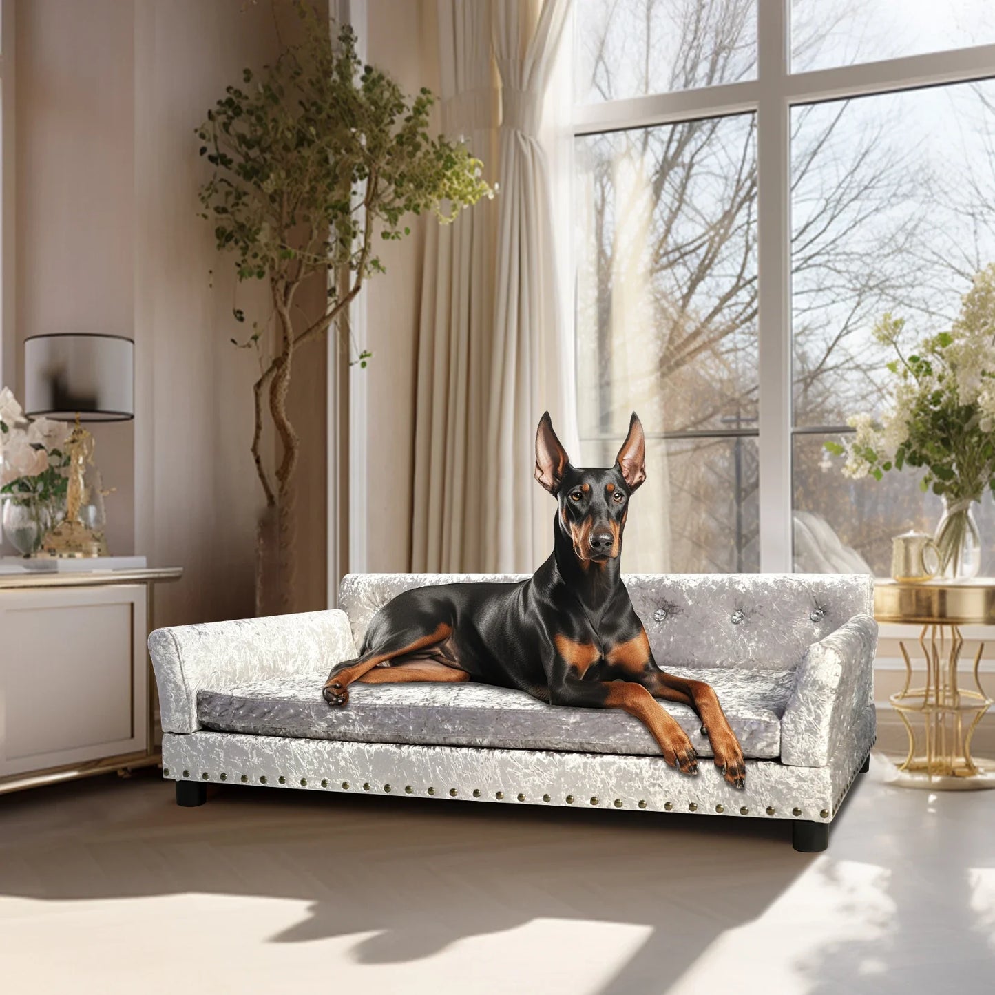 Dutch Velvet Upholstered Pet Lounge Chair, Dog Bed, Sofa, Couch Bed, Solid Wood Legs, Detachable Pad, Pet Supplies, L, XXL