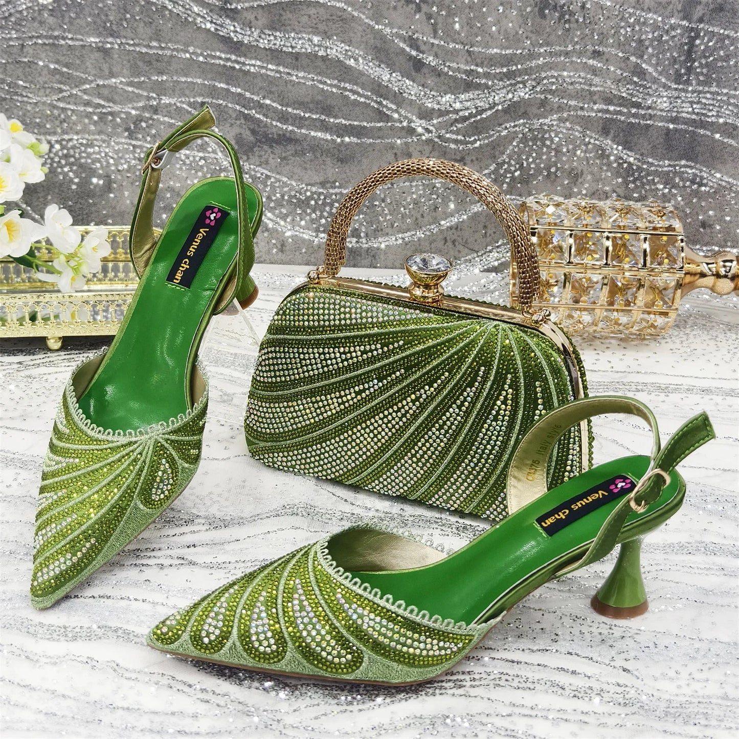 Women's Italian Diamond Studded Shoes and Bag Matching Set