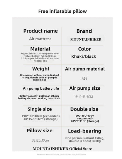 MOUNTAINHIKER 2025 Interior Air Mattress Glamping Mats PVC Inflatable Sleeping Mattress 1/3 Person Camping Bed Mat Built-in Pump
