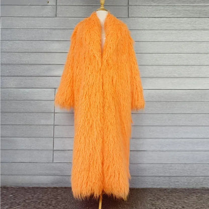 Faux Fur Jacket Women Long Coat Thick Fluffy Winter Warm Shaggy Overcoat Open Stitch Outerwear Turn Down Collar High Street