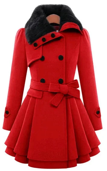 Women's Long Slimming Woollen Jacket Double Row Buttoned Narrow Fit Casual