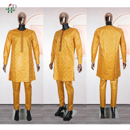 African Men Traditional Embroidery Bazin Riche Dashiki Yellow Shirt Pants 3PCS Bubu Dress Suit