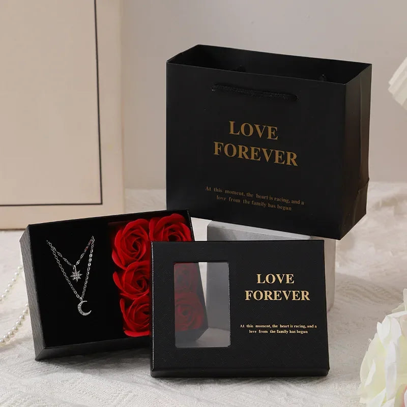 Valentine's Day Jewelry Gift Packaging Box  6 Rose Pendants Ring Bracelet Eternal Flower Window Opening Jewelry Box Romantic Bag