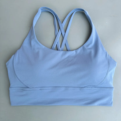 Solid Color Soft Cross Back Women Fitness Bra Tights Yoga Vest High Strength Shockproof Gym Sports Top Push Up With Chest Pad
