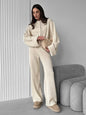 Women's Zip up Jacket And Wide Leg Pants Set Soft Knit Loose Long Sleeve Autumn Winter Casual Sweater Outfit