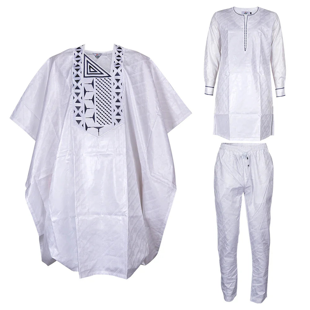African Clothes for Men Traditional Rich Bazin Original Embroidery White Clothing Men 3 PCS Set Wedding Party Occasion 2024