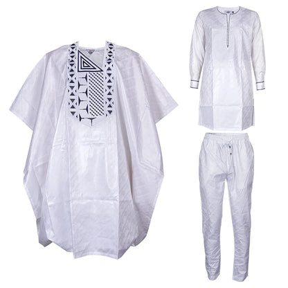 African Clothes for Men Traditional Rich Bazin Original Embroidery White Clothing Men 3 PCS Set Wedding Party Occasion 2024