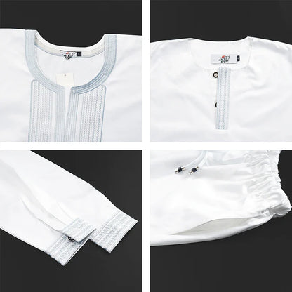 Boys White Blue Long Sleeve Tops Embroidery Dashiki Robe Shirt And Pant Set 3 PCS