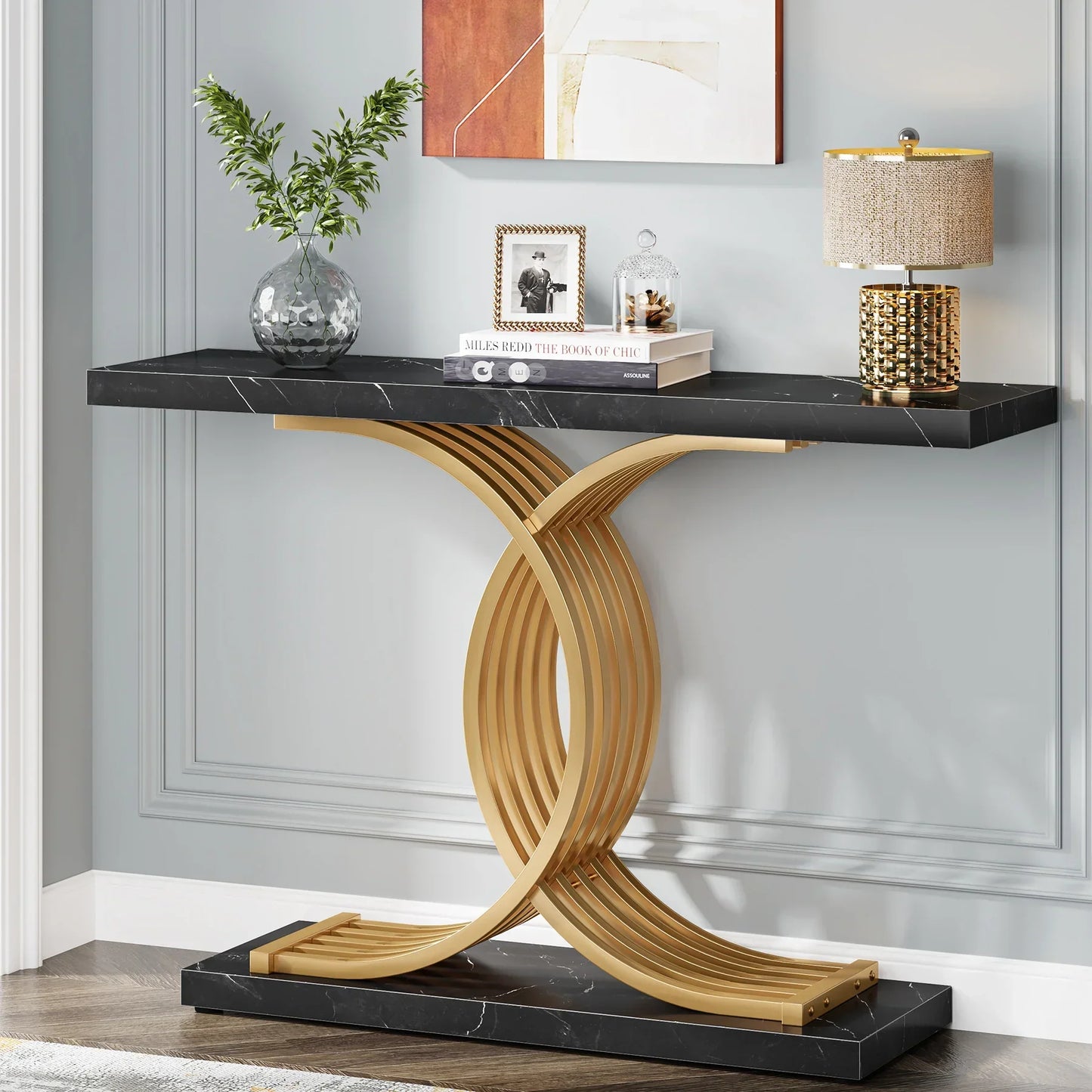 Gold Entryway Table, Modern 39-Inch Console Faux Marble Narrow Wood Sofa with