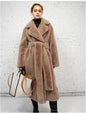 Luxury Lace Up Faux Fur Coat Women Chic Lapel Full Sleeve Fluffy Loose Warm Long Jacket Lady Winter Daily Highstreet Outerwears