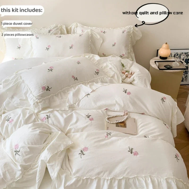3pcs Rose Embroidered Duvet Cover Set (1*Duvet Cover + 2*Pillowcase, Without