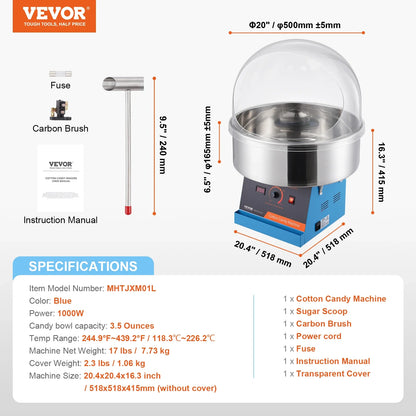 VEVOR Electric Cotton Candy Machine 1000W Candy Floss Maker Commercial Cotton Candy Machine Stainless Steel Bowl and Sugar Scoop