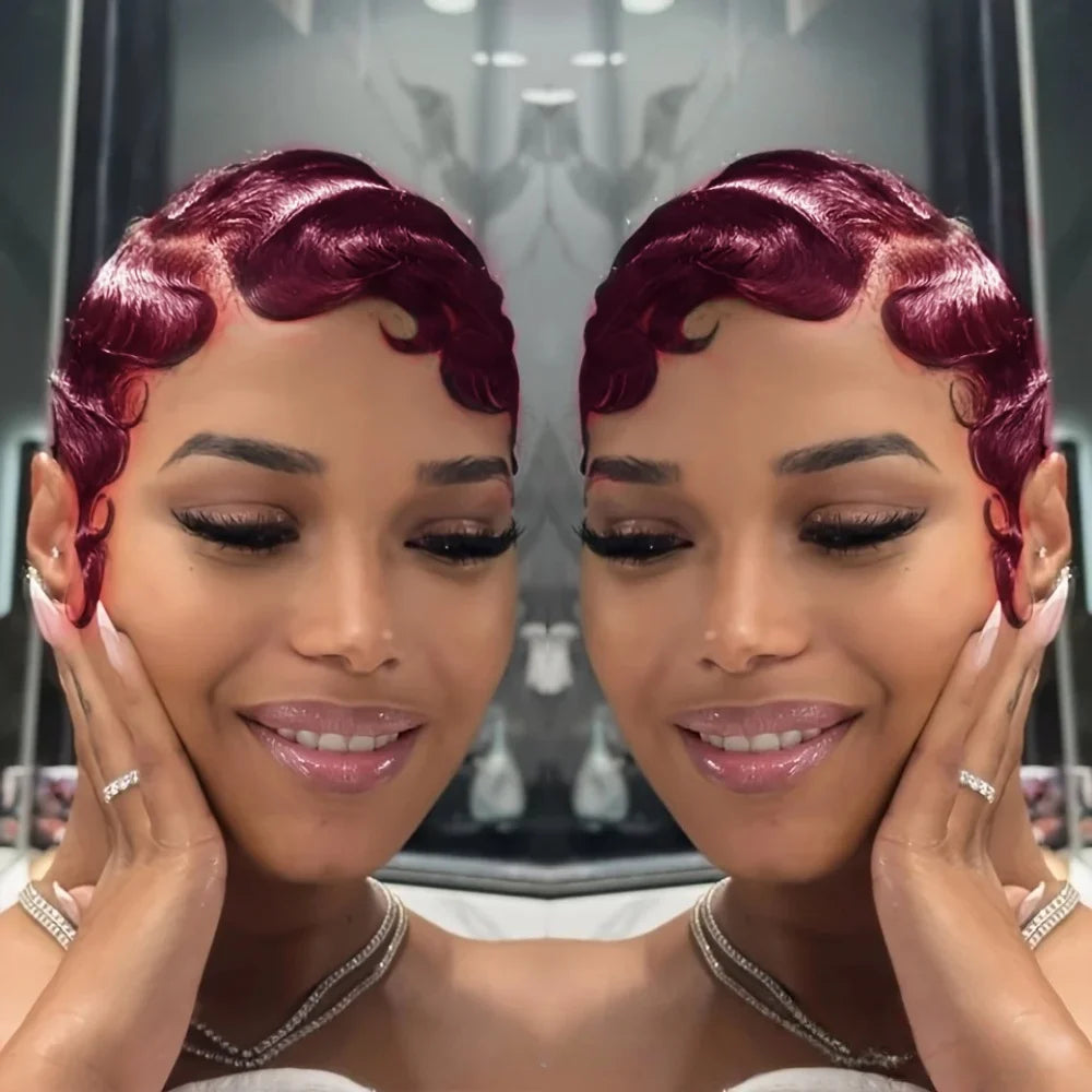 Finger Wave Brazilian Remy Human Hair 13x4 Lace Front Wig 180% Density Pixie Cut for Natural Look  Black 99j wig