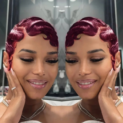 Finger Wave Brazilian Remy Human Hair 13x4 Lace Front Wig 180% Density Pixie Cut for Natural Look  Black 99j wig