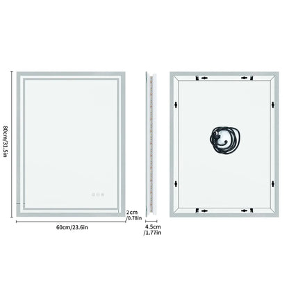 LED Light Bathroom Mirror Illuminated Wall Mounted Vanity Makeup Anti-Fog Rectangle 3 Colors Touch Light