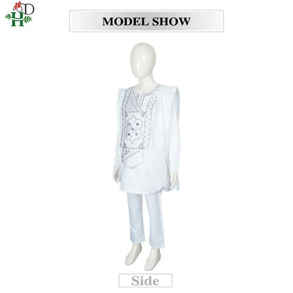Boys White Blue Long Sleeve Tops Embroidery Dashiki Robe Shirt And Pant Set 3 PCS