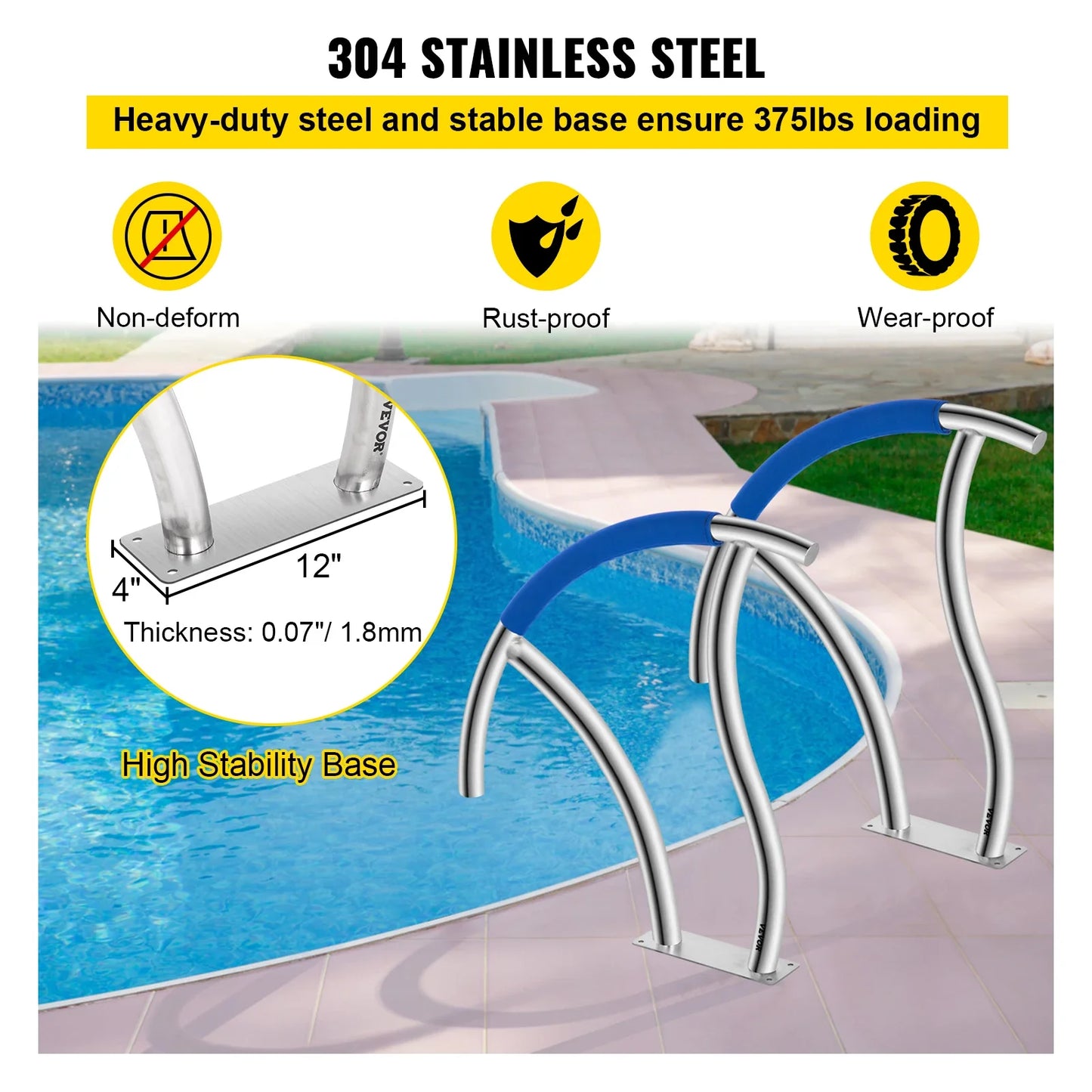 VEVOR 2 Pack 30" x 30" Swimming Pool Stair Rail 375 lbs Load Capacity w/ Quick Mount Base Plate & Complete Mounting Accessory
