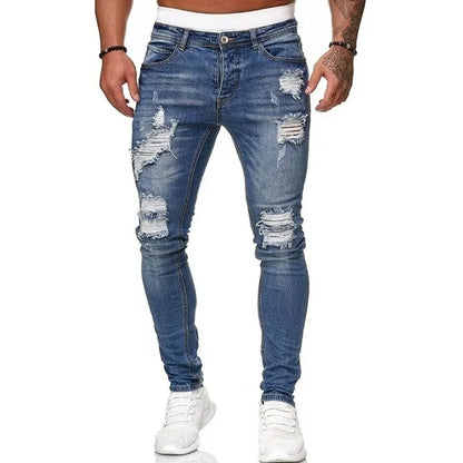 2025 New Fashion Street Style Ripped Skinny Jeans Men Vintage wash Solid Denim