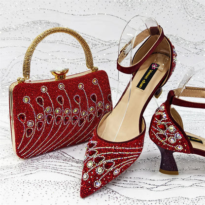 Women's Elegant Rhinestone Pointed Toe Pumps With Matching Shoes And Bag Set