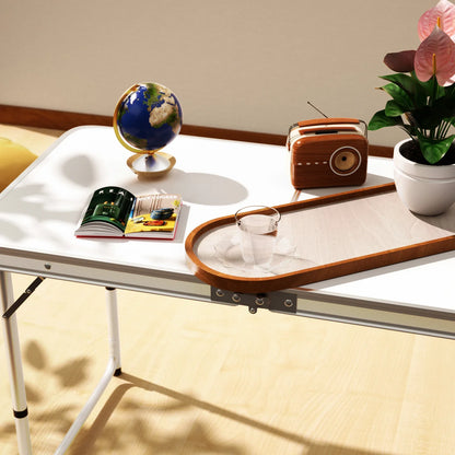 Features:  - Folding table with carry handle  - Moulded plastic top - includes handy carrying handle  - Sturdy aluminum alloy fr