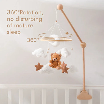Wooden Crib Mobile Baby Bed Bell Rattle Toy Soft Felt Cartoon Bear Mobile Hanging Newborn Music Box Bed Bell Hanging Bracket Toy