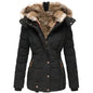Winter Warm Wool Collar Cotton Coat Womens Zipper Long Sleeve Slim Fit Hooded