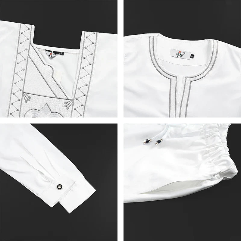 Boys White Blue Long Sleeve Tops Embroidery Dashiki Robe Shirt And Pant Set 3 PCS