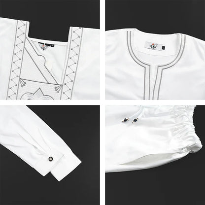 Boys White Blue Long Sleeve Tops Embroidery Dashiki Robe Shirt And Pant Set 3 PCS
