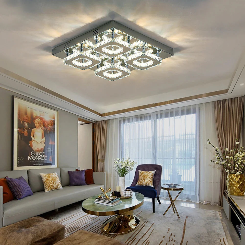 KOMORE Square Multiple-size Glamourous Crystal LED Ceiling Light, Cool White / Stepless Dimming for Office, Living Room, Bedroom