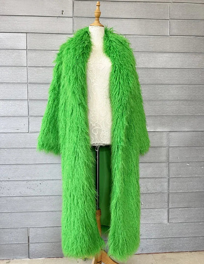 Faux Fur Jacket Women Long Coat Thick Fluffy Winter Warm Shaggy Overcoat Open Stitch Outerwear Turn Down Collar High Street