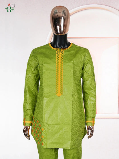 Men's Traditional Agbada 2PCS Green Bazin Riche Shirt and Pant