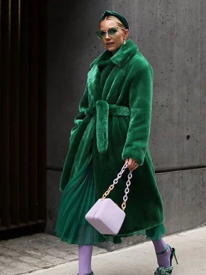 Luxury Lace Up Faux Fur Coat Women Chic Lapel Full Sleeve Fluffy Loose Warm Long Jacket Lady Winter Daily Highstreet Outerwears
