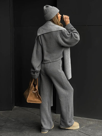 Women's Zip up Jacket And Wide Leg Pants Set Soft Knit Loose Long Sleeve Autumn Winter Casual Sweater Outfit