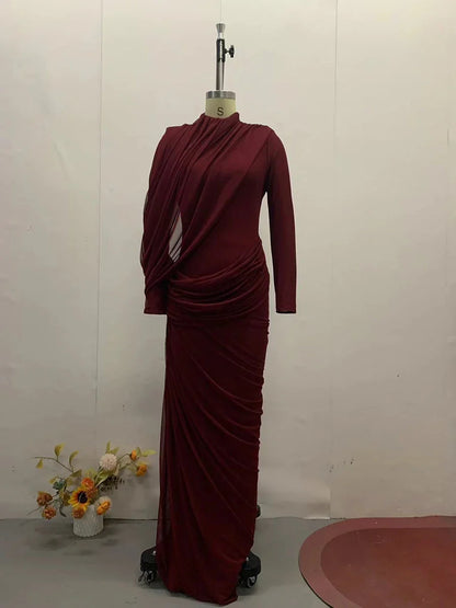 Women's Elegant Vintage Spliced Ribbon Turtleneck Long Sleeve Evening Maxi Dress
