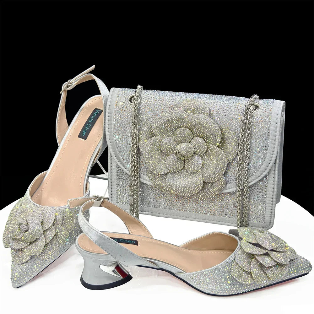 Women's Pointed-Toe Large Flower Decoration Rhinestone Low Heel Italian Shoes