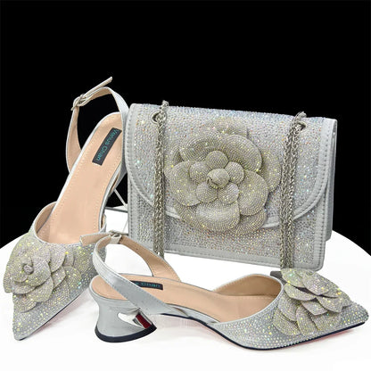 Women's Pointed-Toe Large Flower Decoration Rhinestone Low Heel Italian Shoes