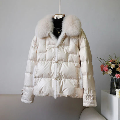 Women's White Duck down Jacket 2025 Winter Collection Real Faux Fur Collar Hair Puffer Coat Vintage Street wear