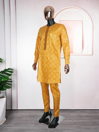 African Men Traditional Embroidery Bazin Riche Dashiki Yellow Shirt Pants 3PCS Bubu Dress Suit